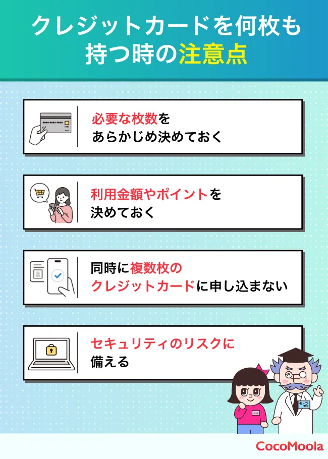 クレジットカードを何枚も持つ時の注意点まとめ。必要な枚数を決める、利用額やポイントを決める、同時に複数のカードに申し込まない、セキュリティのリスクに備えるなどの注意点を紹介した説明図