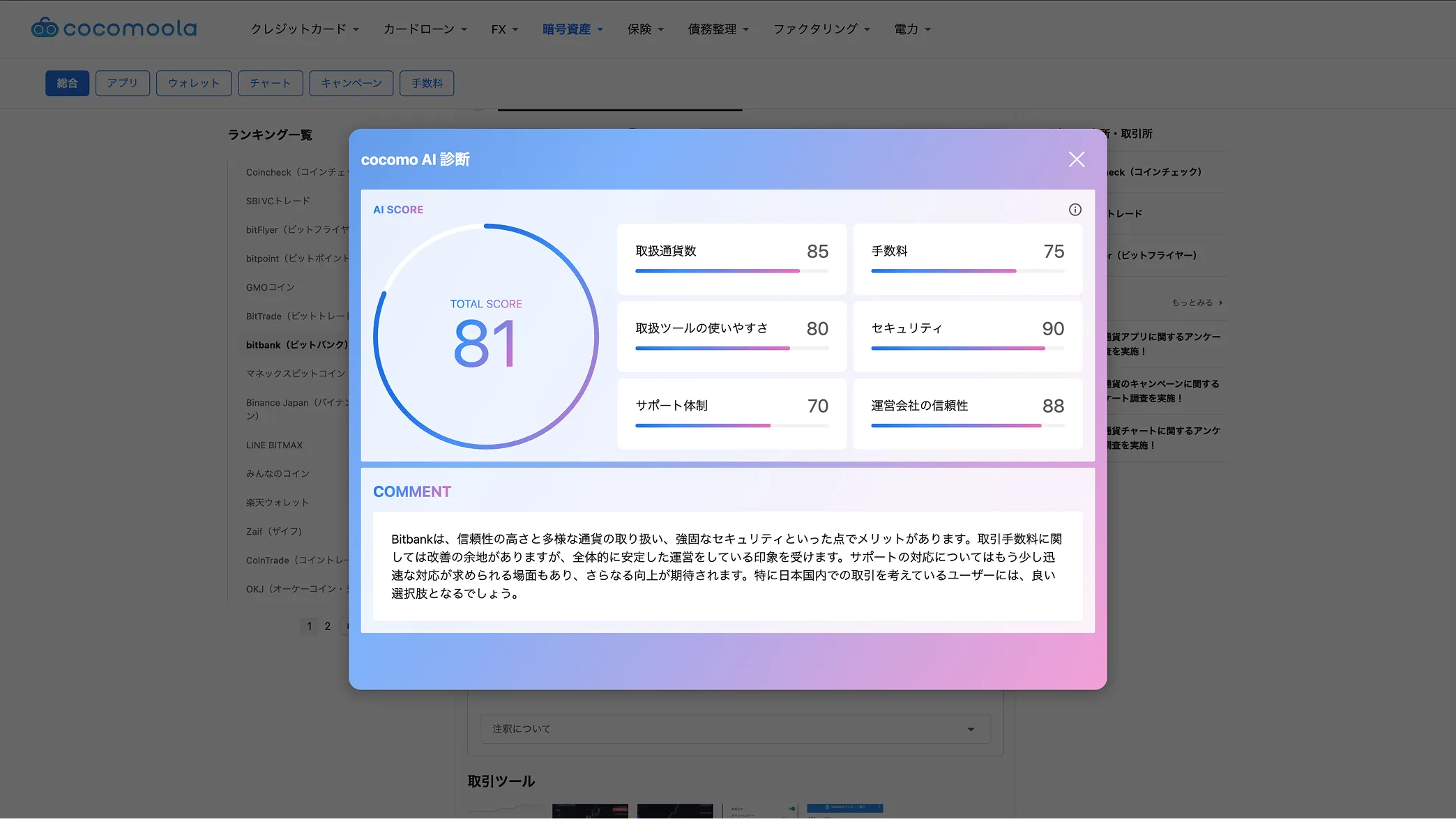 スクリーンショット。ココモーラ内で表示されるcocomoAI診断のモーダル画面。