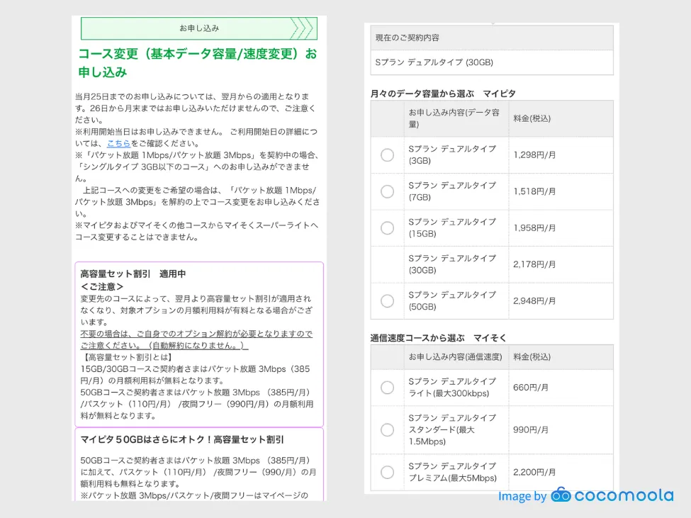 mineoユーザー提供画像（mineoアプリマイページ内のプラン変更画面）
