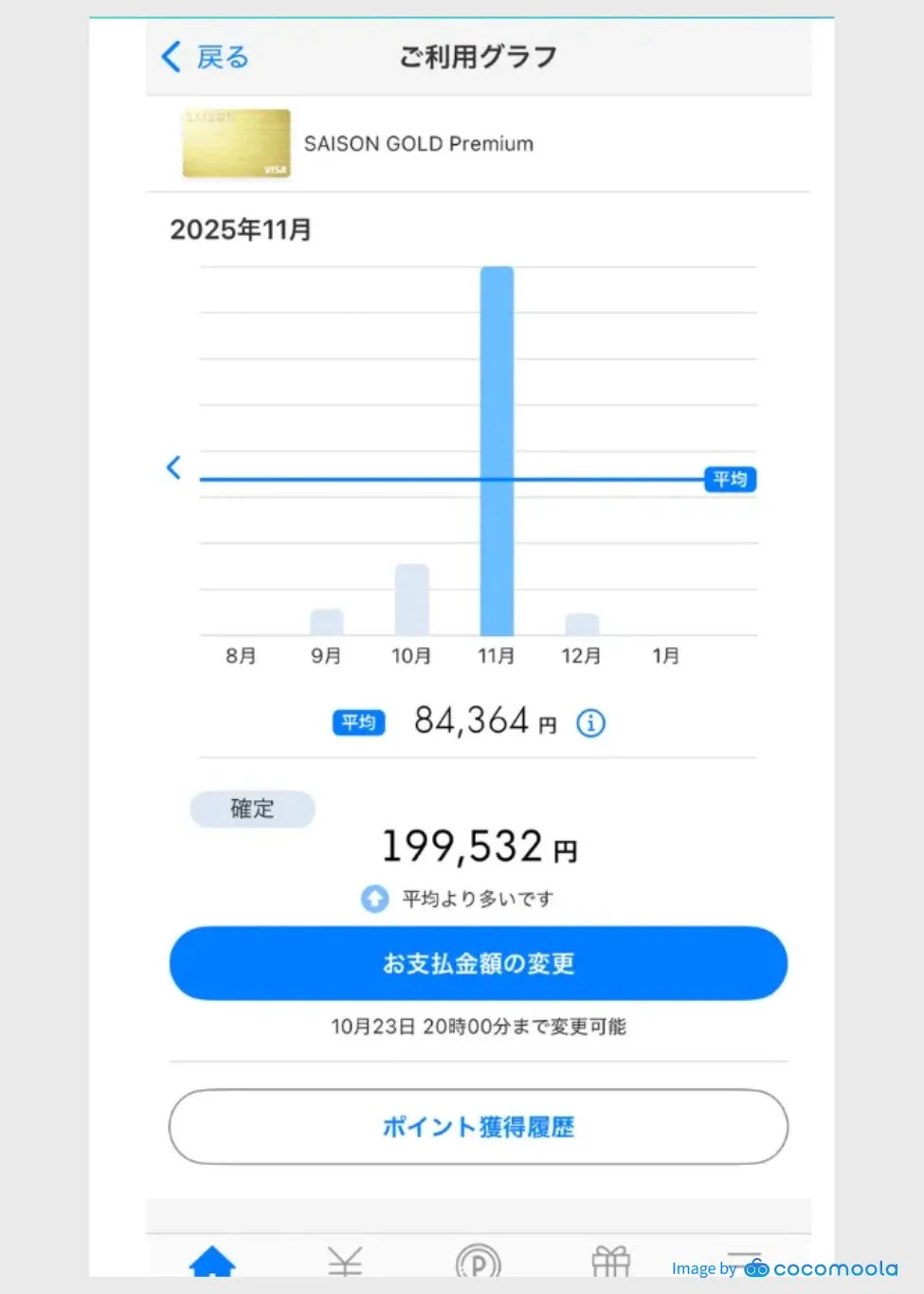 クレジットカードを初めて持って3ヶ月の人のsaison gold premiumの明細。11月分支払いの明細をスクリーンショットで撮ったもの