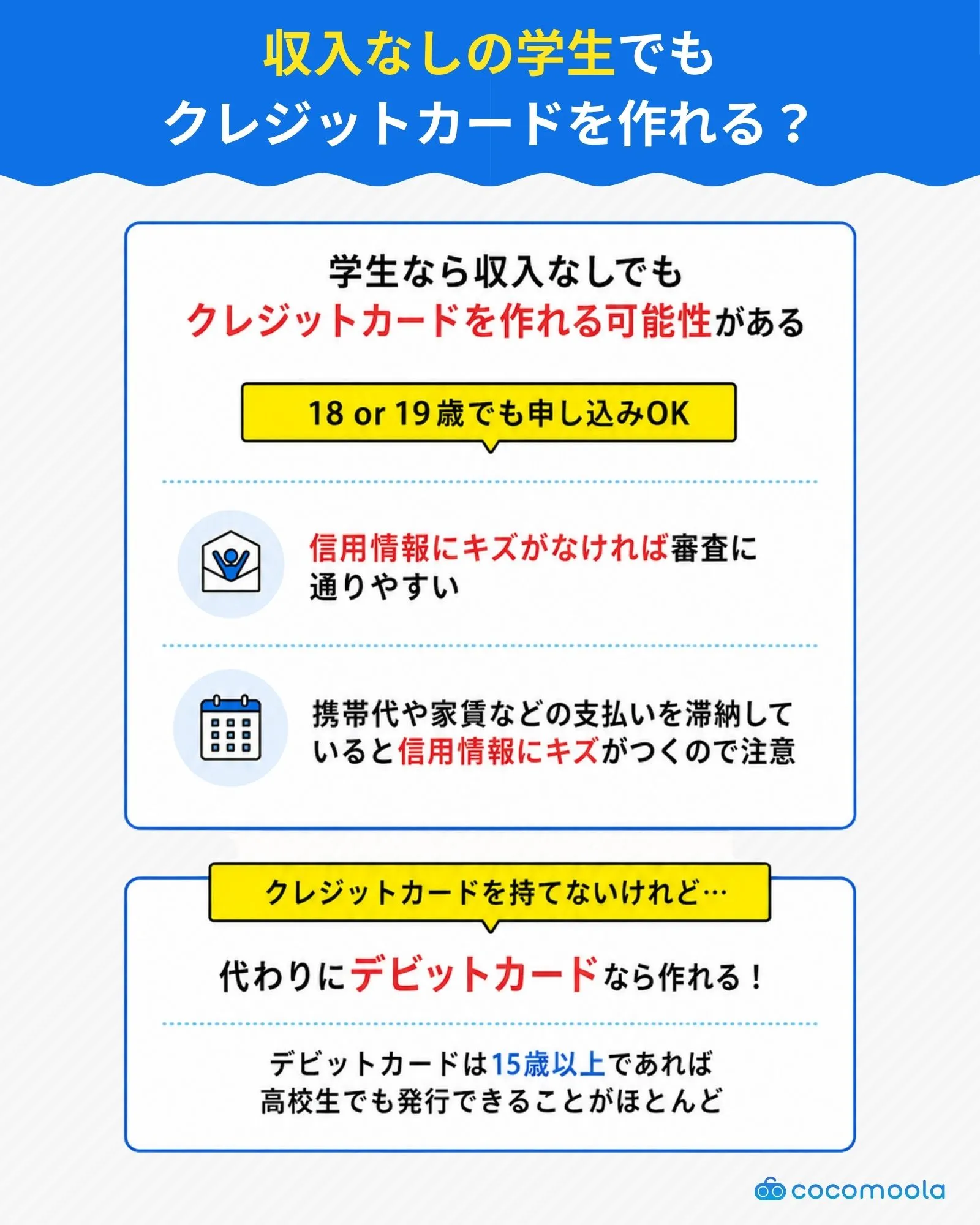 収入なしの学生でもクレジットカードを作れる可能性があることと、その理由を説明した図。信用情報にキズがなければ学生でも作れる可能性がある