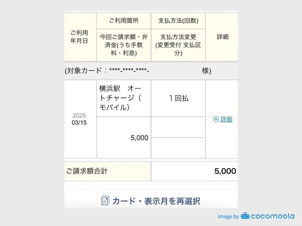 クレジットカードからSuicaチャージしたことがわかる利用明細