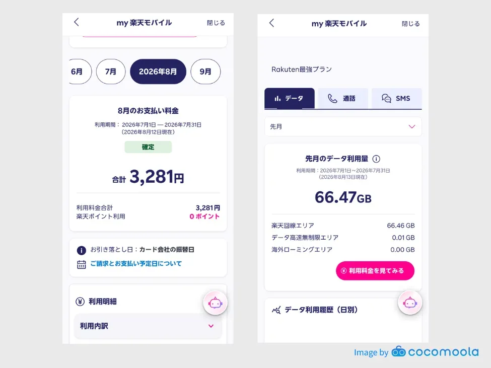 テザリング利用者提供画像（利用中プラン・データ通信量のスクリーンショット）