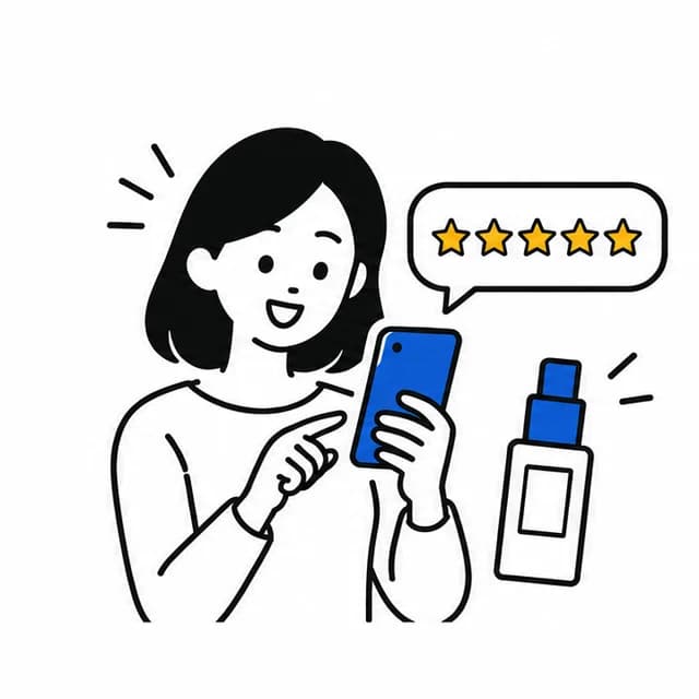 スマートフォンで商品の口コミを投稿する人物の線画