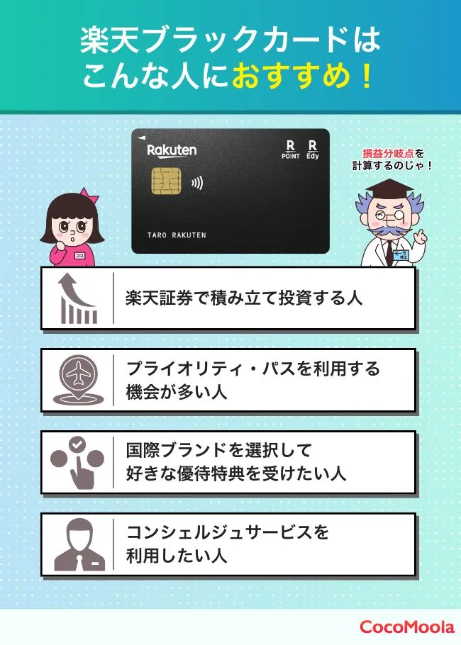 画像：楽天ブラックカードはこんな人におすすめ！

・楽天証券で積み立て投資する人
・プライオリティ・パスを利用する機会が多い人
・国際ブランドを選択して好きな優待特典を受けたい人
・コンシェルジュサービスを利用したい人