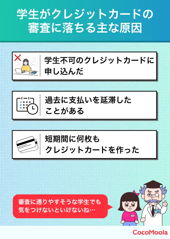 学生がクレジットカードの審査に落ちる主な原因をまとめた図。支払いの延滞や短期間に複数枚のカード作成などを記載