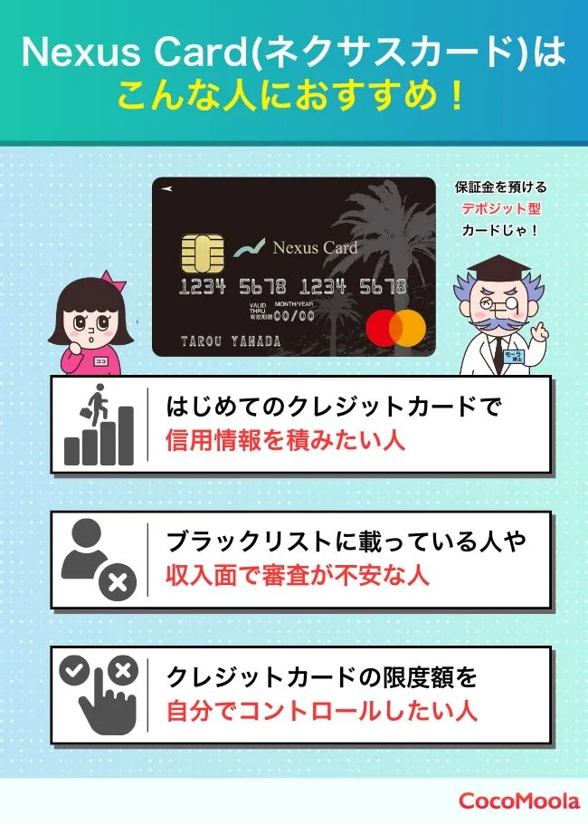 ネクサスカードを持つのがおすすめな人を画像で紹介

NexusCardはこんな人におすすめ！
・初めてのクレジットカードで信用情報を積みたい人
・ブラックリストに載っている人や収入面で審査が不安な人
・クレジットカードの限度額を自分でコントロールしたい人