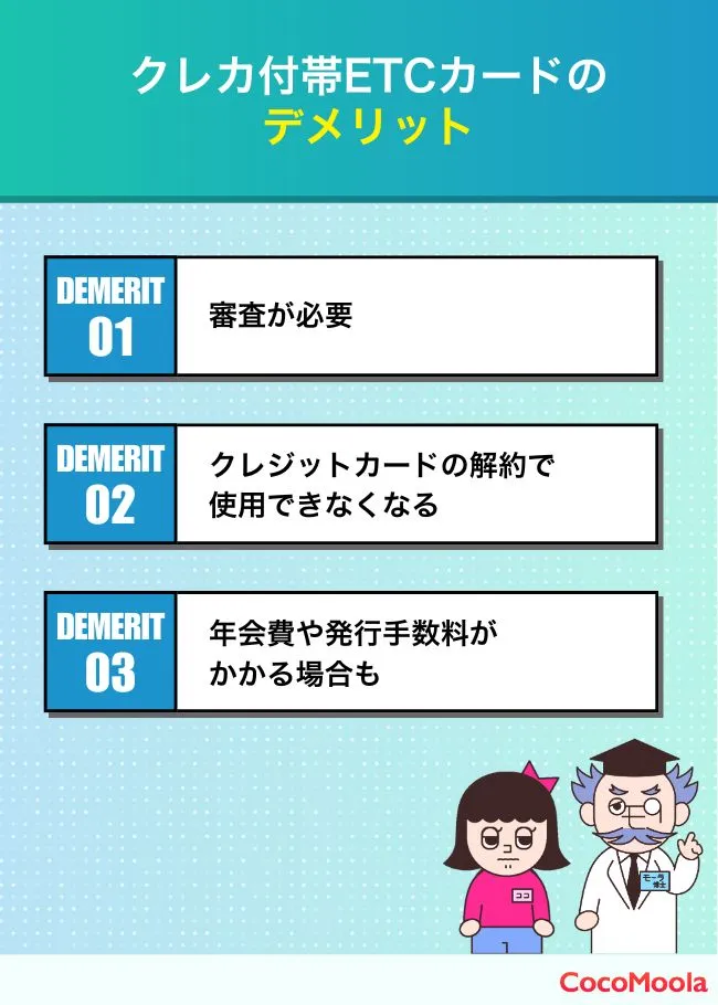 クレジットカード付帯型ETCカードのデメリットを紹介。審査が必要、クレジットカードの解約で使用できなくなる、年会費や発行手数料がかかる場合もある。