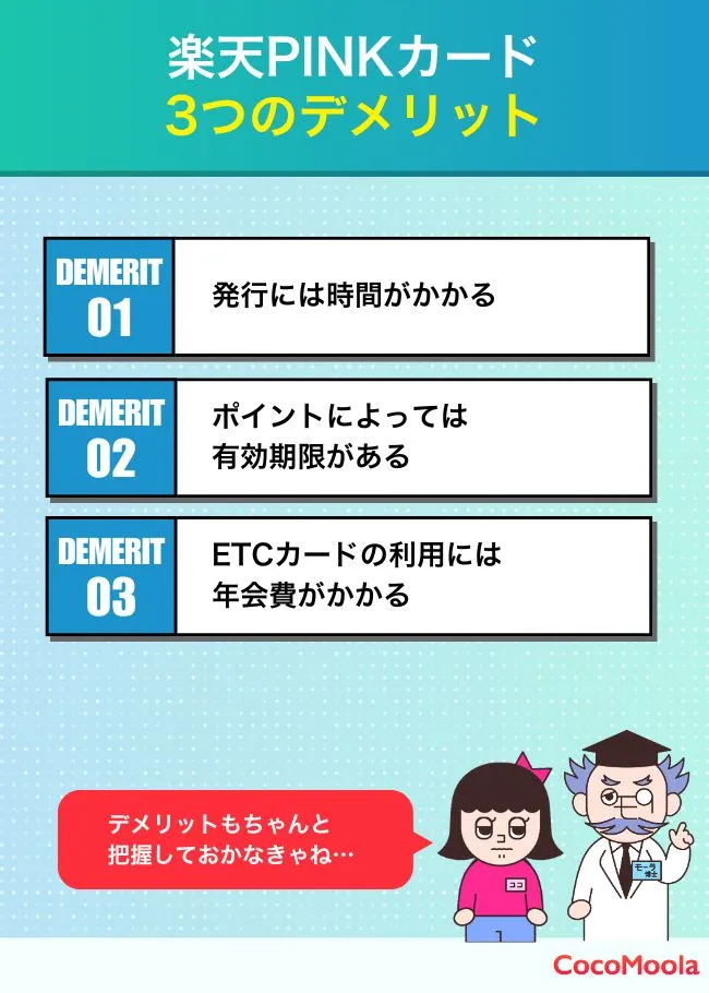 楽天PINKカード3つのデメリット

①発行には時間がかかる
②ポイントによっては
有効期限がある
③ETCカードの利用には年会費がかかる