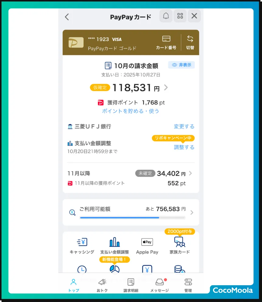 69歳男性が使っているPayPayカードゴールドの利用明細のスクリーンショット