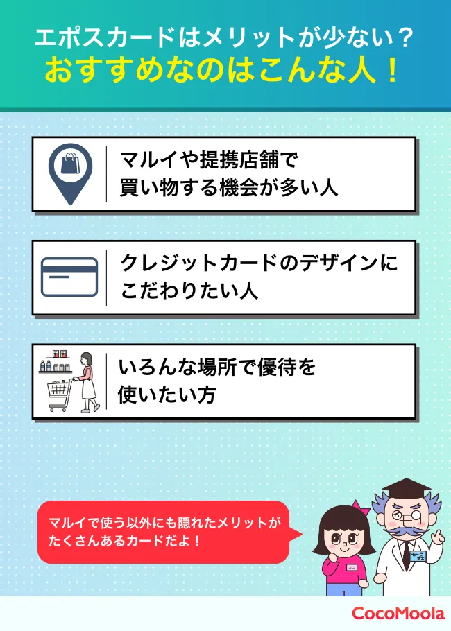 エポスカードを持つのがおすすめな人をまとめた図。マルイで買い物する人やデザインにこだわりたい人におすすめ