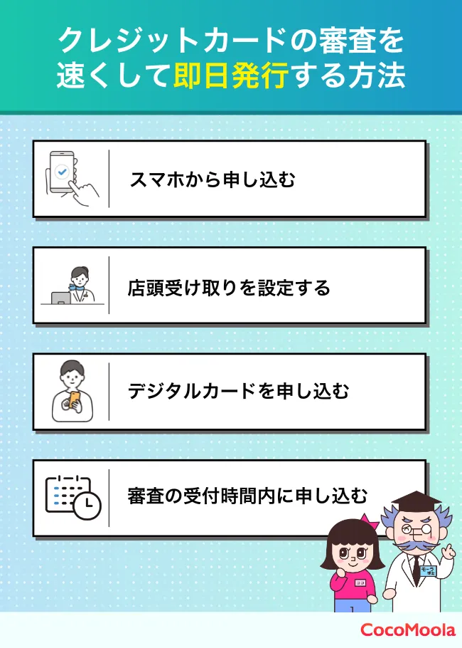 クレジットカードの審査を速くして即日発行するコツをまとめた図。スマホ申し込み、デジタルカードの発行が例として紹介されている