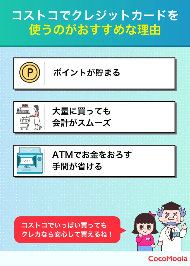 コストコでクレジットカードを使うメリットを説明した画像。ポイントが貯まる、会計がスムーズ、ATM利用の手間が省けるの3点が挙げられている。
