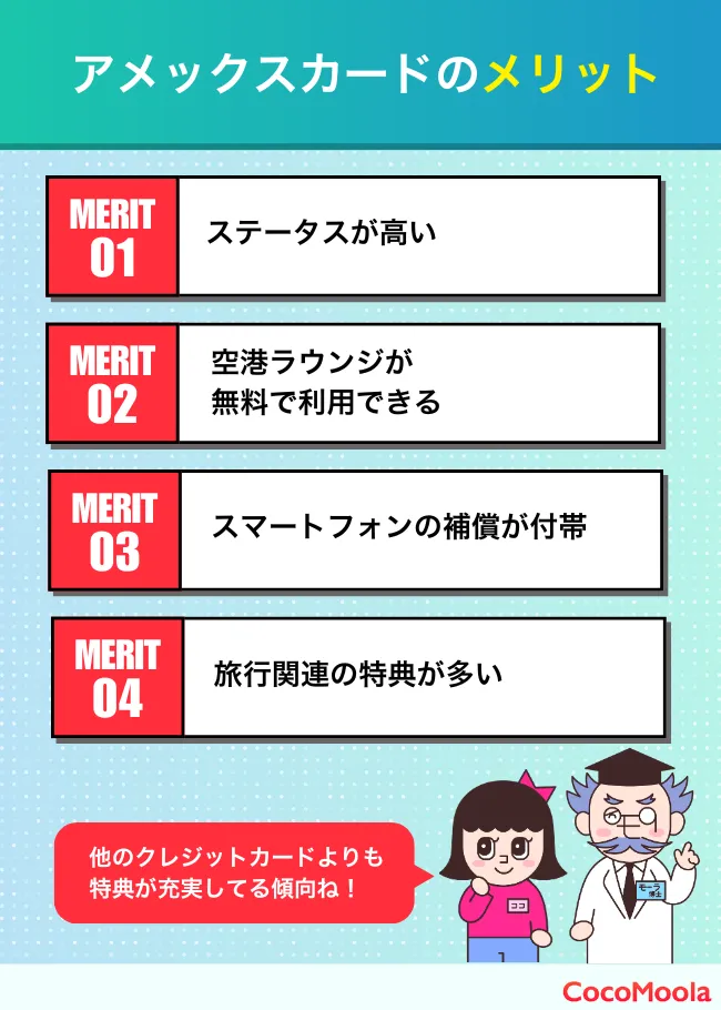 アメックスカードのメリット。ステータス性が高く、空港ラウンジの無料利用やスマートフォン補償などの特典が付帯