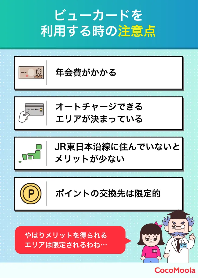 ビューカード利用の注意点。年会費がかかる、オートチャージエリアの制限、JR東日本沿線以外はメリットが少ない