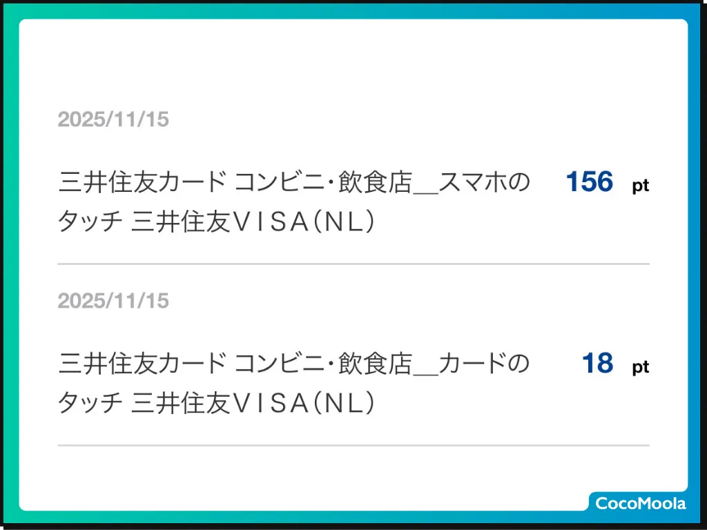 三井住友カード（NL）を最大7%還元店舗で使ったときの獲得ポイント数が書かれているスクリーンショット
